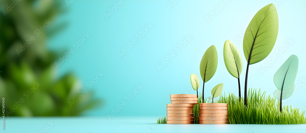 Poster a green background with a tree and three stacks of coins