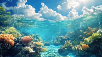 Naklejka premium Vibrant underwater coral reef scene with sunlit water and colorful marine life