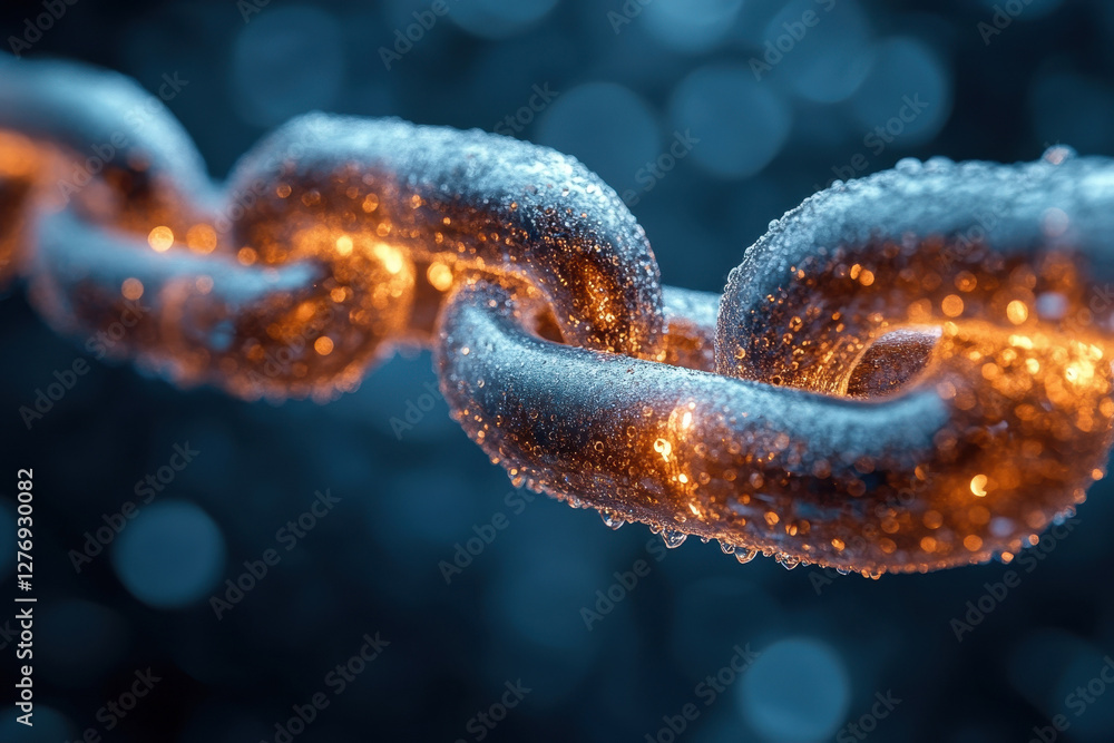 Aufkleber close-up view of a shiny metal chain with droplets reflecting light in a soft-focus background