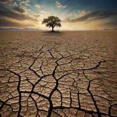 A dry cracked earth with a lone tree struggling to survive barren ground   Dry cracked earth in a desert landscape and sunset rays and clouds showcasing the texture of arid soil under the intense summ