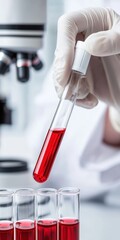 A dedicated scientist examining a test tube filled with striking red liquid, representing research and discovery
