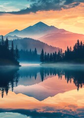 Fototapeta premium Sunrise Mountain Nature Lake Forest Panorama Landscape