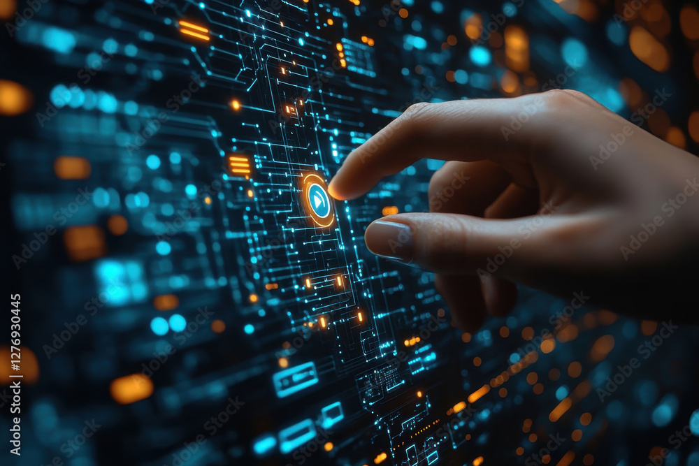 Poster fingers interacting with glowing digital interface in a modern technology setting