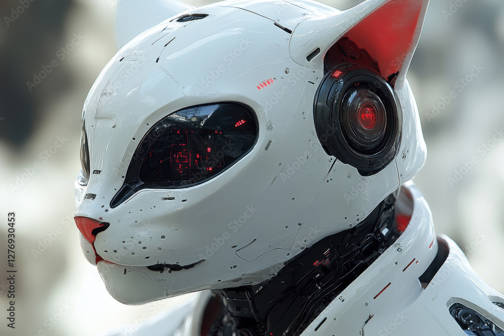 Poster futuristic robotic cat with intricate details and glowing elements seen in a modern urban setting