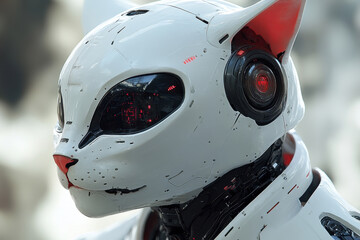 Futuristic robotic cat with intricate details and glowing elements seen in a modern urban setting