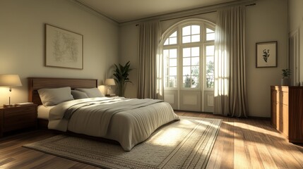 Elegant sunlit bedroom with wooden furniture and large window creating a serene atmosphere