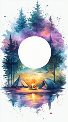 Camping Trip Postcard Design with Circular Blank Space, Soft Vibrant Watercolor Background, Campfire, Tent, Table, and Spring Vibes, Ideal for Nursery Art
