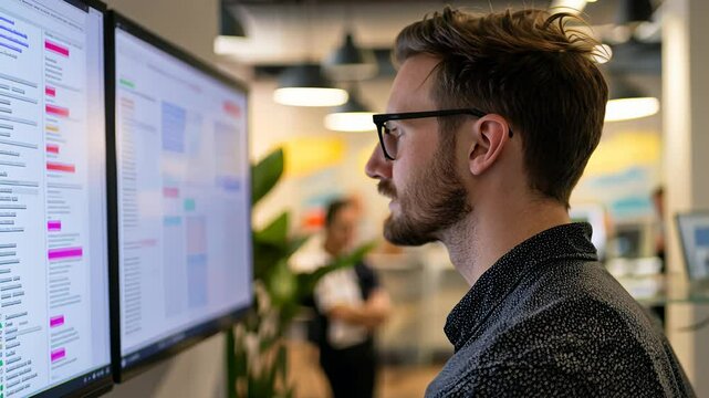 Professional working intently at dual monitors in modern office setting during collaborative project