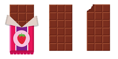 Delicious chocolate bar with strawberry wrapper, whole bar, and bitten bar