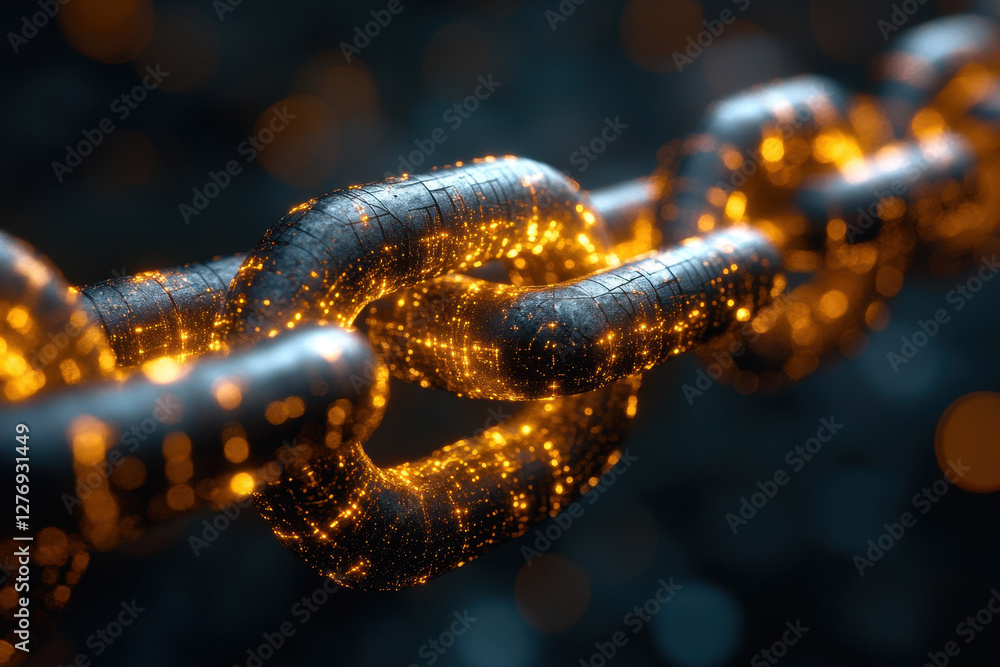Poster visual representation of a glowing digital chain symbolizing connectivity and technology in futurist