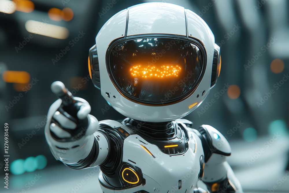 Aufkleber robot with glowing visor pointing in a futuristic environment during a tech exhibition