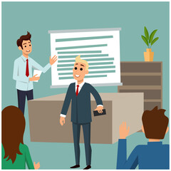Corporate Training Flat Vector Illustration. Business Coach in Suit Cartoon Character