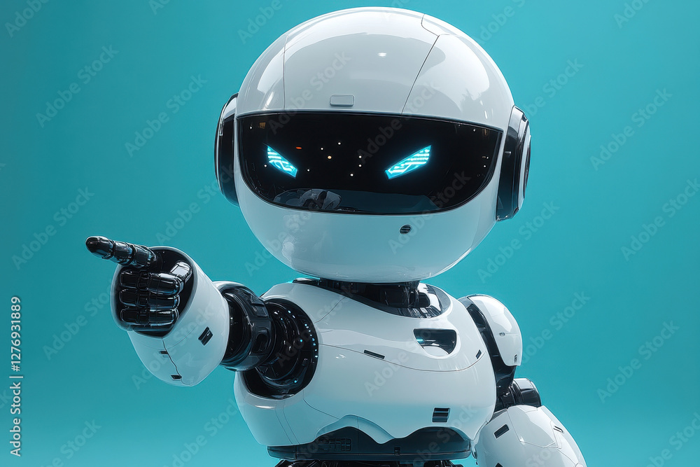 Poster friendly humanoid robot with glowing eyes points towards the viewer against a bright blue background