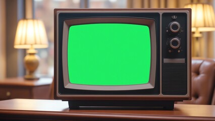 Close Up of a Dated TV Set with Green Screen Mock Up Chroma Key Template Display. Nostalgic Retro Nineties Technology Concept