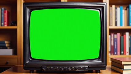 Close Up of a Dated TV Set with Green Screen Mock Up Chroma Key Template Display. Nostalgic Retro Nineties Technology Concept
