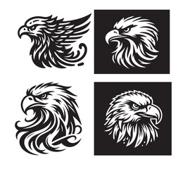 A Vector black-and-white simple line art drawing of a eagle and head