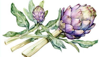 Watercolor artichokes with leaves: vibrant botanical artwork of vegetables and greenery