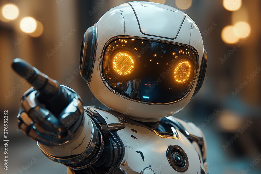 Poster robot with glowing eyes points towards the camera in an urban setting during twilight