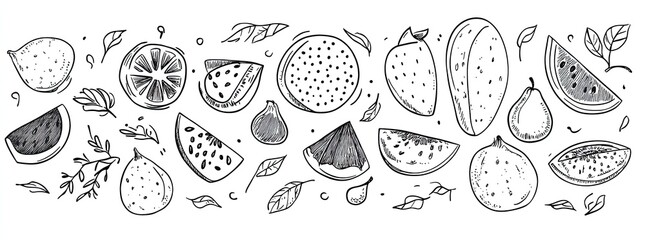 Hand-Drawn Vintage Fruit Illustrations &ndash; Black and White Botanical Sketch Set Featuring Citrus, Pear, Fig, Watermelon, and Kiwi for Retro Design