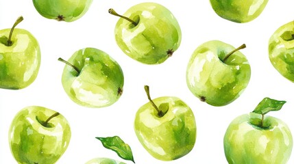 Seamless green apple pattern with leaves on a white background in watercolor style