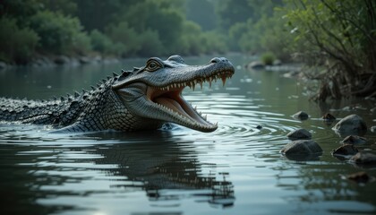 Obraz premium A highly detailed and realistic image of a crocodile's head emerging from a calm river