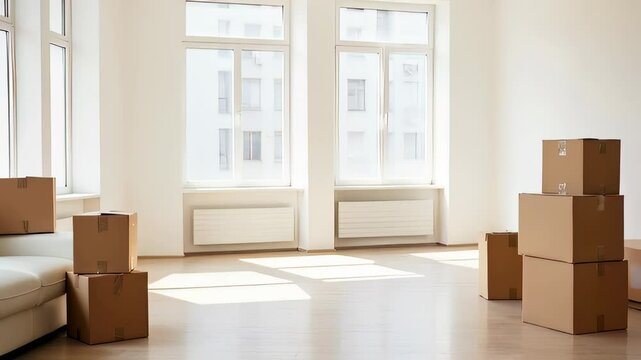 Cardboard boxes are magically moving from left to right in an empty living room with a white sofa and large windows