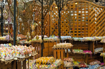 Painted Easter eggs on wooden shelves at market,Vienna,Austria