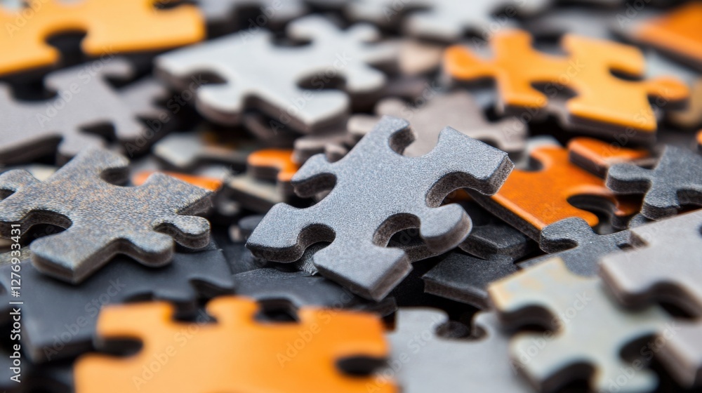 Poster a close-up view of assorted jigsaw puzzle pieces in various colors scattered on a surface