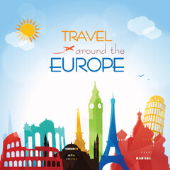 Travel around Europe, europe landmarks, travel and tourism post card