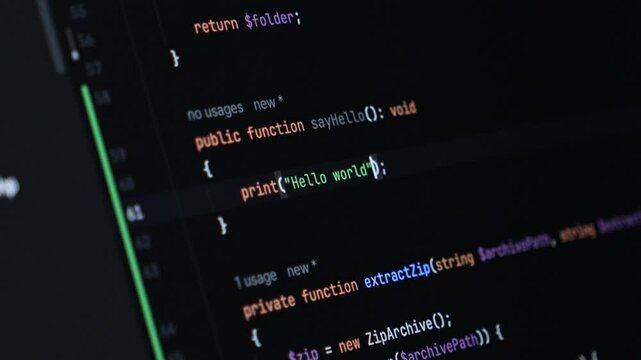 Developer writing Hello World with AI code suggestion in a development environment, focus on PHP syntax, backend programming and automation