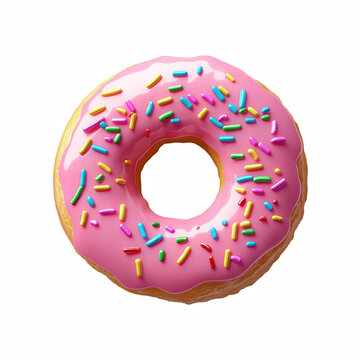 Pink glazed donut with colorful sprinkles, realistic 3D rendering of a sweet dessert, isolated on transparent background.
