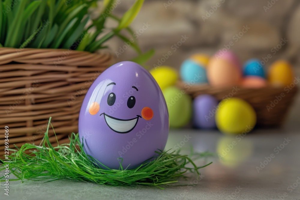Poster A purple Easter egg with an animated face and smiling mouth, placed on the table in front of colorful eggs inside wicker baskets, with green grass around it. A soft light illuminates its features.
