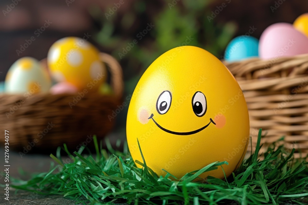 Poster a yellow easter egg with an illustration of a face and mouth, placed on green grass in front of bask