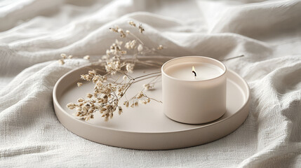 Minimalist still life featuring a lit candle, dried florals, and neutral tones for serene ambiance.