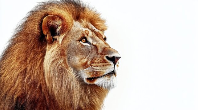 Majestic lion with lush mane facing right against white background, observing with intensity