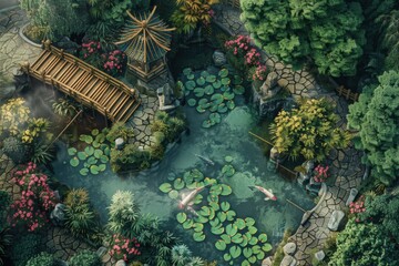 Fototapeta premium Beautiful Japanese garden with stone pathways, wooden bridges, lush greenery, koi pond, blooming flowers, and traditional lanterns creating a tranquil and serene setting.