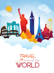 Travel and tourism concept, world landmarks post card, vector file