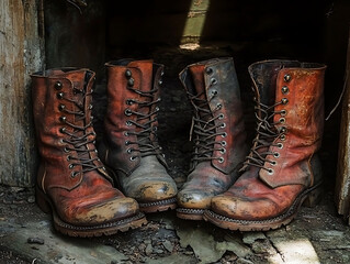 Three pairs of wellworn, vintage leather boots rest in a rustic setting.  The rich, reddishbrown leather shows signs of age and use, adding character and texture.