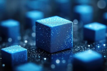 Sparkling Blue Cubes Abstract Background, Glimmering Jewel-toned Gift Boxes