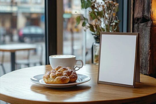 Blank white menu mockup on wooden table with plate of buns and cup of latte in cozy scandinavian style cafe