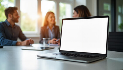 Obraz premium Colleagues engaged in casual conversation at a modern conference table, digital collaboration concept. Laptop Mockup on Desk