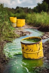 close-up vertical image of a barrel with leaking green toxic waste standing in nature