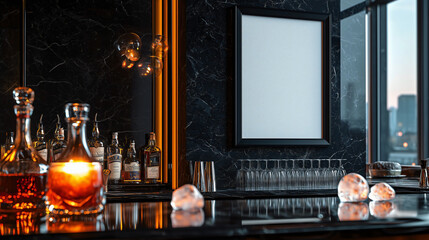 Surreal Liquor Bar with White Poster and Black Frame, Glistening Counter with Decanter, Wine Glasses, Glowing Cocktail, Floating Ice Cubes, Black Marble Wall, Night Business Concept