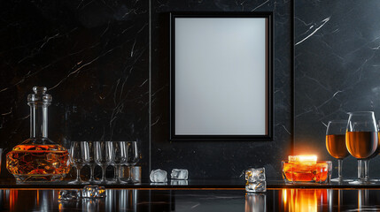 Surreal Liquor Bar with White Poster and Black Frame, Glistening Counter with Decanter, Wine Glasses, Glowing Cocktail, Floating Ice Cubes, Black Marble Wall, Night Business Concept