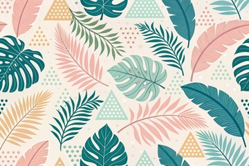 Seamless Tropical Pattern With Palm Leaves, Monstera, And Abstract Geometric Shapes In Soft Pastel Colors. Modern Botanical Design For Wallpapers, Textiles, Branding, And Summer-Themed Decorative