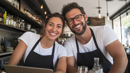 Two young, cheerful restaurant owners wearing aprons, smiling while collaborating on a laptop, managing their thriving small business together