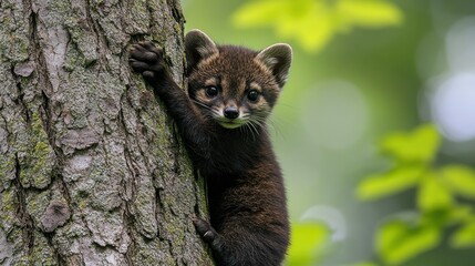 Fototapeta premium Young Kinkajou climbing tree, forest, bokeh background, wildlife
