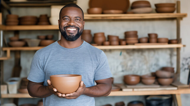Portrait of a cheerful african american potter holding a terracotta bowl, standing in his workshop full of handmade pottery