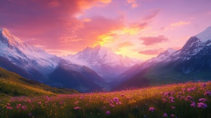 Breathtaking sunset over mountain range with vibrant wildflower meadow and snow-capped peaks