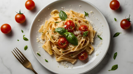 A gourmet dish of pasta topped with cherry tomatoes, basil, and parmesan cheese, artfully plated on a white plate, with a white background to emphasize the colors of the food